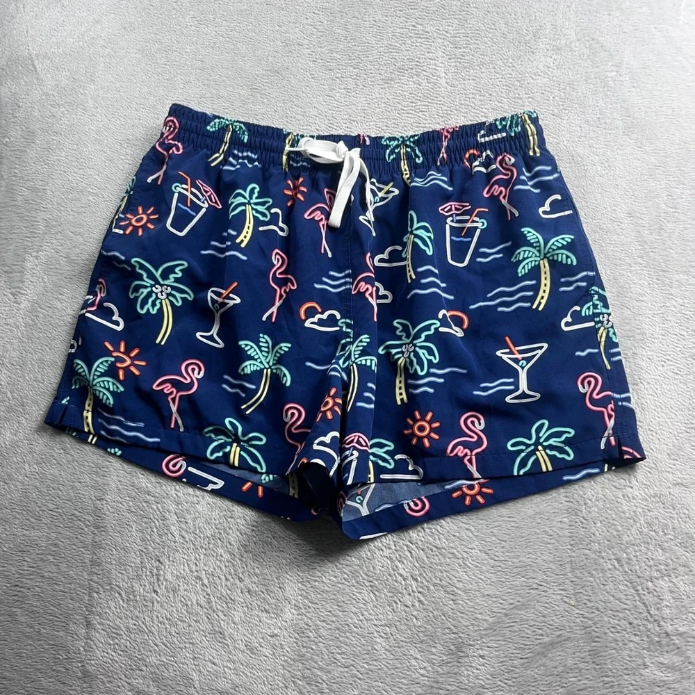 Chubbies Mens XL Swim Trunks Navy Neon Flamingo Palm Tree 4 Inch Inseam Shorts